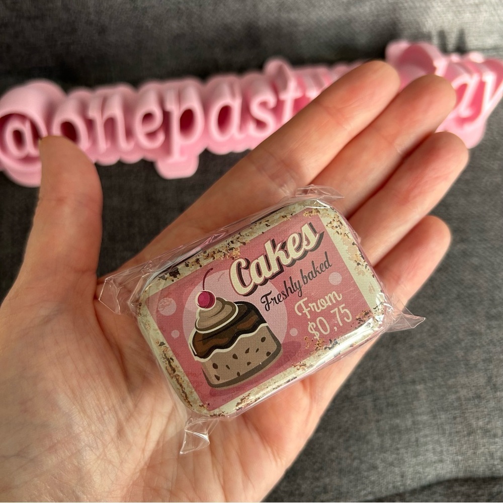 “Cakes Freshly Baked From $0.75” Mini Travel Tin, Pill, Jewelry Gift Box, Pink